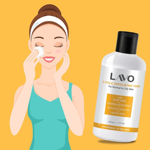  Glycolic Acid Toner 10% by LAVO - Facial Astringent for Oily, Problem, & Acne Prone Skin - Face Wrinkles and Fine Lines - Contains Lactic Acid & Vitamin C - Use with Pads - for Men