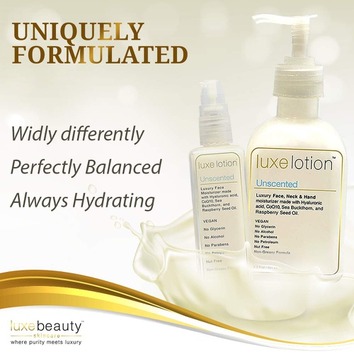  LUXE LOTION 2 oz -Luxe Beauty- Hyaluronic Acid Luxurious Moisturizer Vegan/Organic Ingredients - No Glyerin. No Alcohol. No Parabens. No Mineral Oil. No Diamethacone. Gluten, Soy,