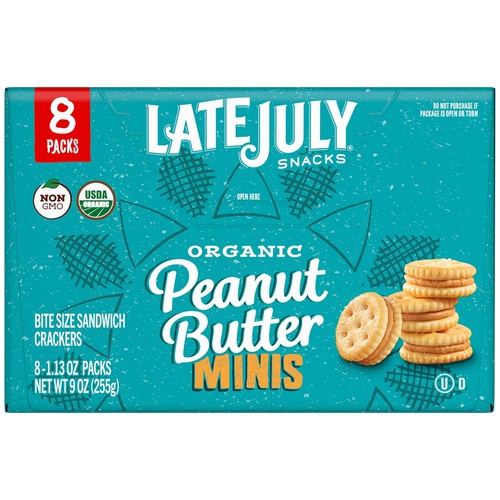  LATE JULY Snacks Crackers Organic Peanut Butter Minis Crackers, 4.6 lb. Box, 8-count, 1.125 oz. snack packs