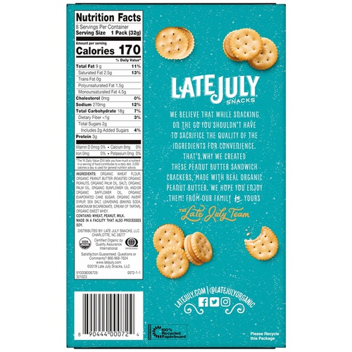  LATE JULY Snacks Crackers Organic Peanut Butter Minis Crackers, 4.6 lb. Box, 8-count, 1.125 oz. snack packs