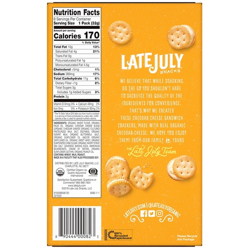  LATE JULY Organic Mini White Cheddar Cheese Sandwich Crackers, 8 Count Box of 1.125 Ounce Pouches (Pack of 4)