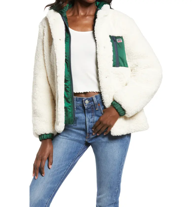 Levis High Pile Fleece Hooded Zip Jacket_CREAM/ PINE GREEN