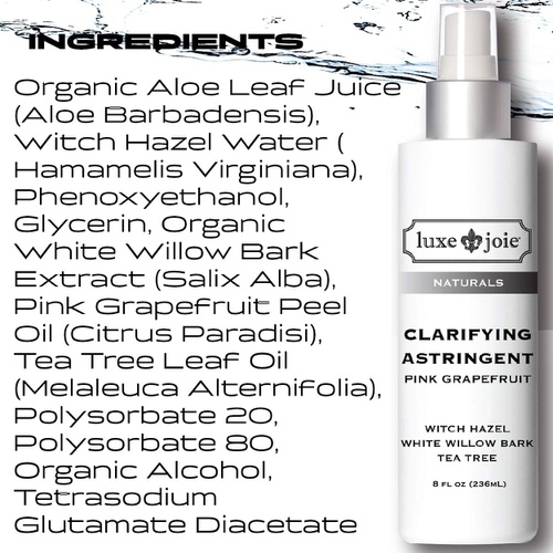  LuxeJoie Clarifying Astringent Tea Tree White Willow Bark Witch Hazel Toner Pink Grapefruit 8oz pH Balancing for Clear Toned Acne Free Completion Reduce Pore Size and Eliminate Blackheads