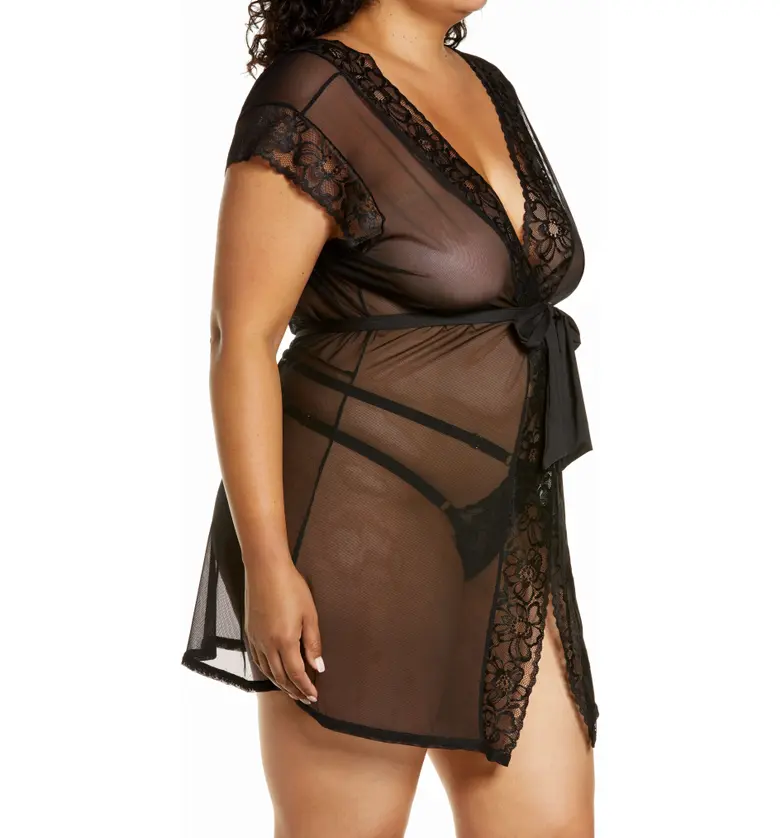 Mapale Lace Trim Mesh Robe with G-String Thong_BLACK