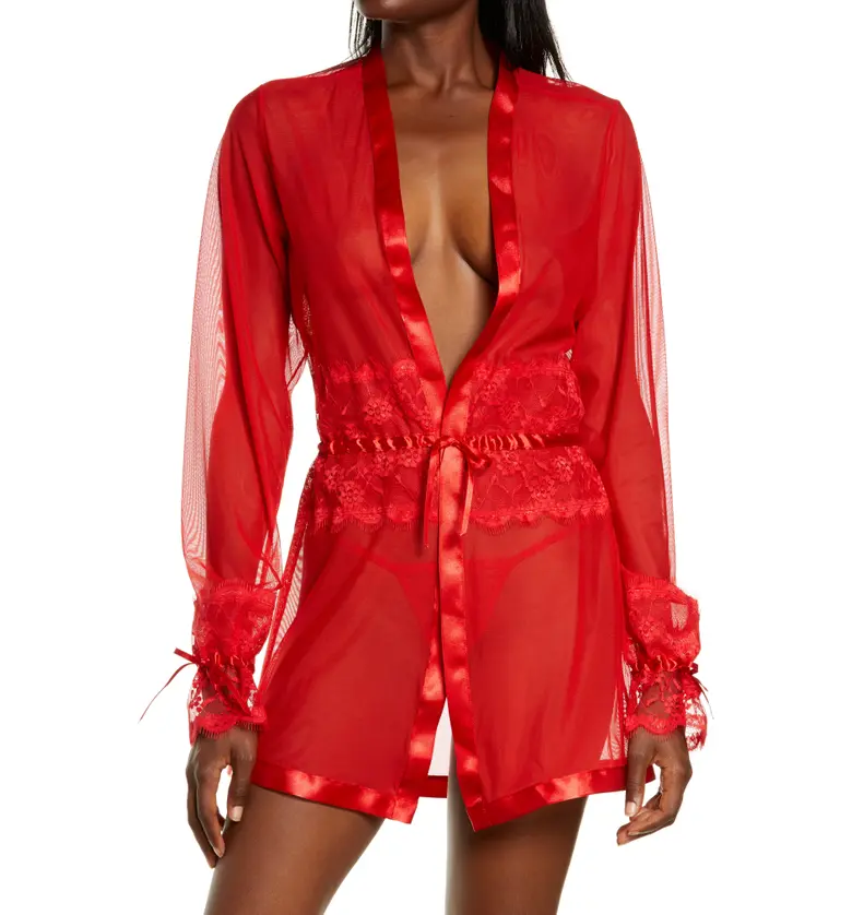 Mapale Mesh & Lace Robe & G-String Thong Set_RED