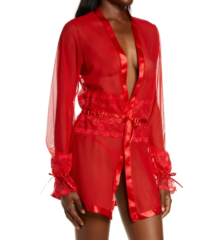  Mapale Mesh & Lace Robe & G-String Thong Set_RED