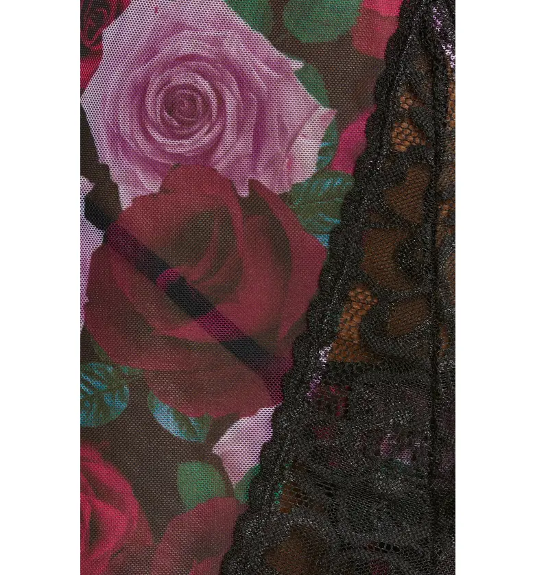  Mapale Lace Trim Floral Print Chemise & Thong Set_BLACK PRINTS