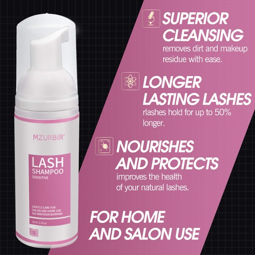  MZURBIR Lash Extension Cleanser and Makeup Brush, Upgrade 60ml Eyelid Foaming Eyelashes Extension Shampoo Wash Kit, Mascara Remover Salon and Self Use- PRO