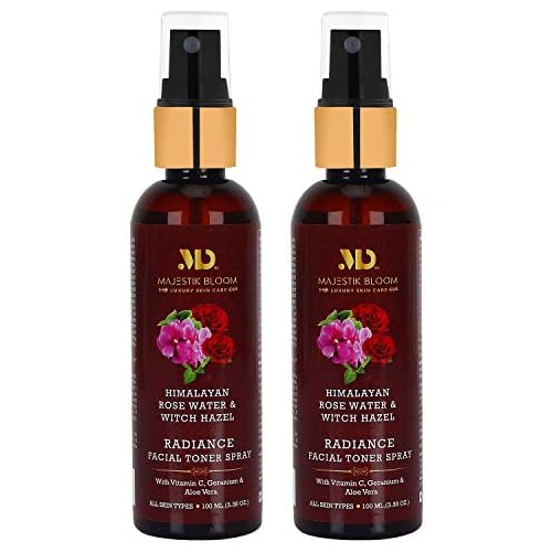  Majestik Bloom Himalayan Rose Water & Witch Hazel Facial Toner | with Natural Anti-Aging Vitamin C, Hyaluronic Acid & Aloe Vera | Minimizes Dark Spots & Wrinkles, 100 ml / 3.38 fl