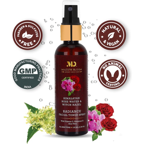  Majestik Bloom Himalayan Rose Water & Witch Hazel Facial Toner | with Natural Anti-Aging Vitamin C, Hyaluronic Acid & Aloe Vera | Minimizes Dark Spots & Wrinkles, 100 ml / 3.38 fl