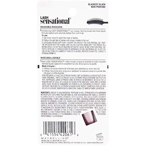  Maybelline New York Maybelline Lash Sensational Washable Mascara, Blackest Black, 0.32 fl. Oz. (Packaging May Vary)