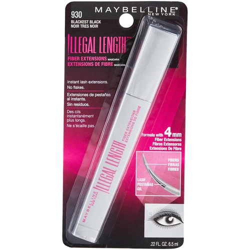  Maybelline New York Illegal Length Fiber Extensions Washable Mascara, Blackest Black, 0.22 fl. oz.