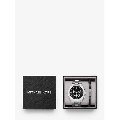 마이클코어스 Michael Kors Oversized Slim Runway Silver-Tone Watch And Logo Bracelet Set