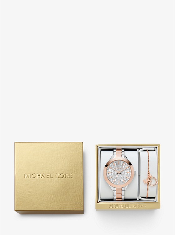 마이클코어스 Michael Kors Pave Two-Tone Watch and Heart Bracelet Set