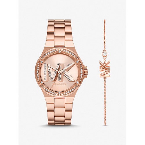 마이클코어스 Michael Kors Lennox Pave Logo Rose Gold-Tone Watch and Bracelet Set