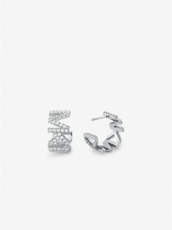 마이클코어스 Michael Kors Platinum-Plated Brass Pave Logo Small Hoop Earrings