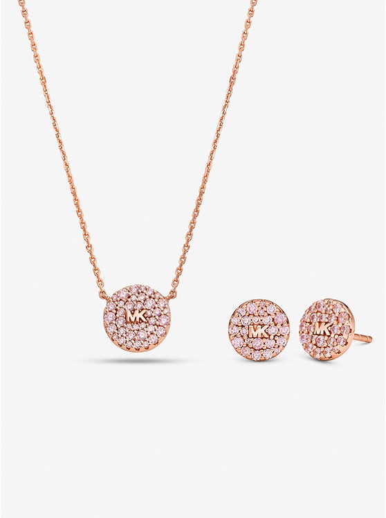 Michael Kors 14K Rose Gold-Plated Sterling Silver Pave Logo Disc Earrings and Necklace Set