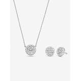 Michael Kors Sterling Silver Pave Logo Disc Earrings and Necklace Set
