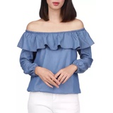 Womens Solid Ruffle Off the Shoulder Top