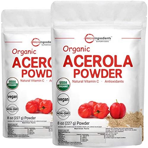  Micro Ingredients 2 Pack of Pure USDA Organic Acerola Cherry Powder, Natural and Organic Vitamin C for Immune System, 8 Ounce, No GMO, No Gluten, Brazil Origin