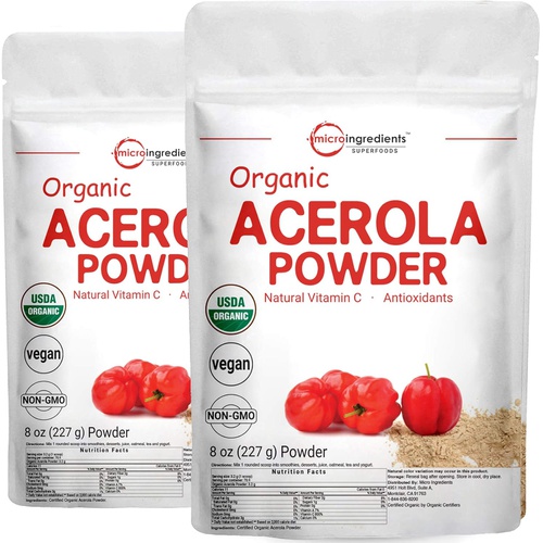  Micro Ingredients 2 Pack of Pure USDA Organic Acerola Cherry Powder, Natural and Organic Vitamin C for Immune System, 8 Ounce, No GMO, No Gluten, Brazil Origin