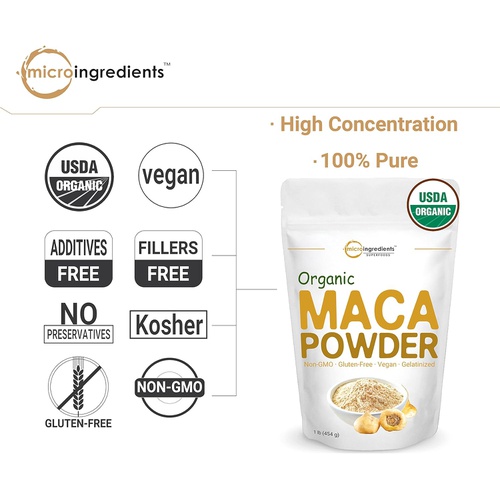  Micro Ingredients Organic Maca Root Powder, 2 Pound, Gelatinized for Better Absorption, Rich in Antioxidants, Help Energy, Stamina, Endurance, Strength and Immune System, No GMOs, Vegan Friendly and