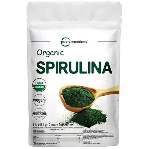  Micro Ingredients Organic Spirulina Powder, 16 Ounce, Raw Spirulina (Arthrospira Platensis), The Richest Sources of 70% Vegan Protein, Containers Minerals, Vitamins, Non-GMO & Non-