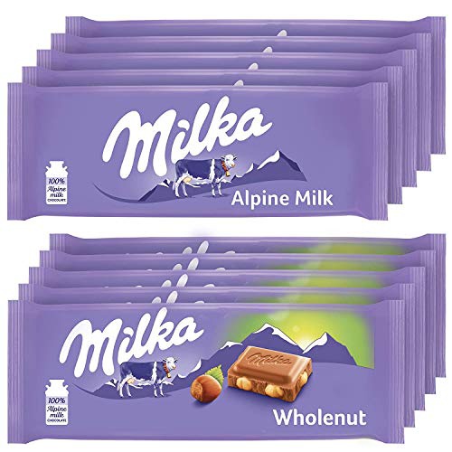  Milka European Chocolate Bars Variety Pack, Alpine Milk Chocolate & Wholenut Hazelnut Chocolate, Easter Chocolate, 10 - 3.52 oz Bars