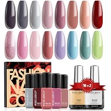 Gel Nail Polish Set Nude Pastel Gel Polish 16 Pcs Colors Candy Classic Nail Gel Collection Gel Nail Starter Kit for Nail Art with No Wipe Base Top Coat Gifts Set by Modelones