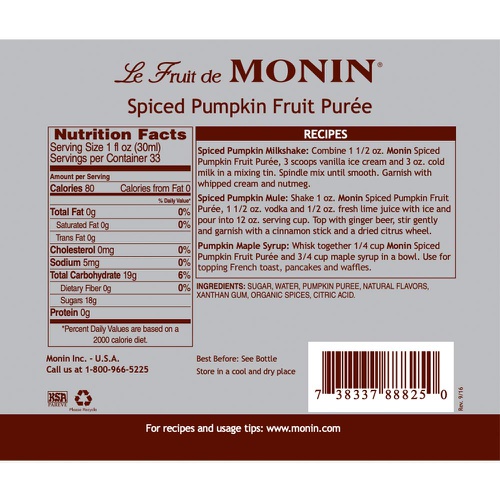  Monin - Spiced Pumpkin Puree, Pumpkin and Cinnamon Flavor, Natural Flavors, Great for Lattes, Milkshakes, Specialty Coffees, and Cocktails, Vegan, Non-GMO, Gluten-Free (1 Liter), 3