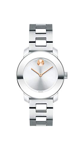  Movado Womens BOLD Iconic Metal Stainless Watch with a Flat Dot Sunray Dial, Silver/Grey (3600433)