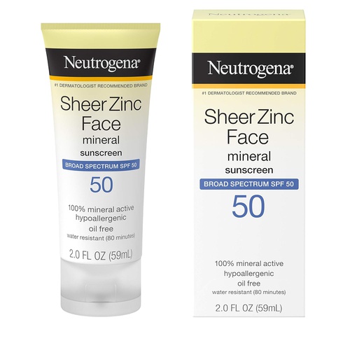  Neutrogena Sheer Zinc Oxide Dry-Touch Mineral Face Sunscreen Lotion with Broad Spectrum SPF 50, Oil-Free, Non-Comedogenic & Non-Greasy Zinc Oxide Facial Sunscreen, Hypoallergenic,
