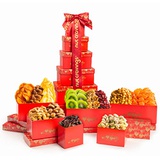 Nut Cravings Gourmet Dried Fruit & Nut Gift Basket, Red Tower (12 Mix) - Easter Food Arrangement Platter, Care Package Variety, Prime Birthday Assortment, Healthy Kosher Snack Box for Women, Me