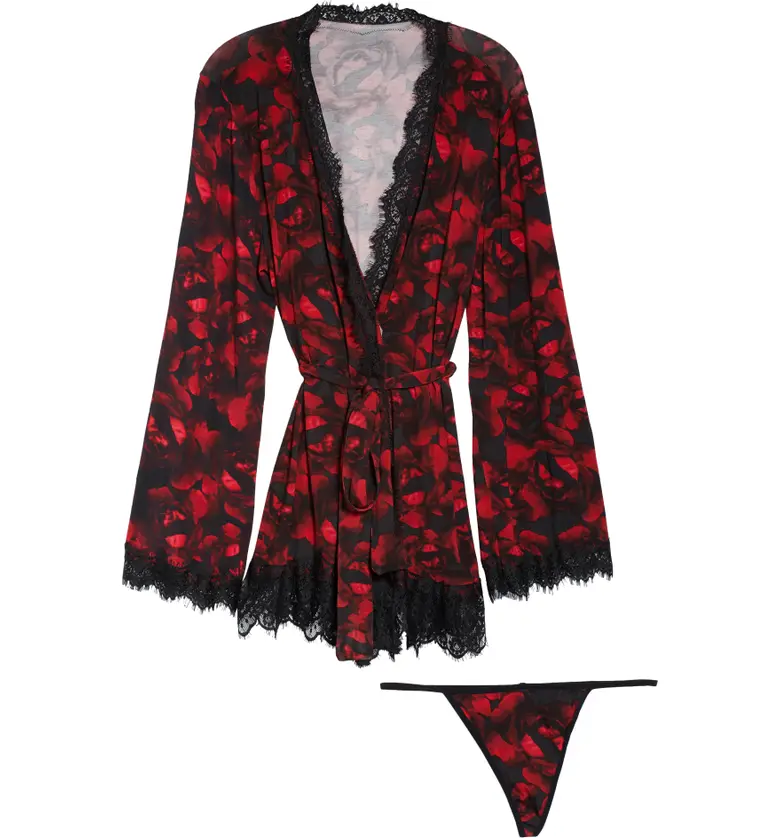  Oh La La Cheri Lace Trim Floral Print Robe & G-String Set_RED ROSE PRINT/ BLACK ROSE