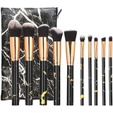 OLEEYA OLOOYA Makeup Brushes (10pcs +Bag) Marbling Handle Soft Powder Foundation Eyeshadow Lip Makeup Brush Set Cosmetic Tool -black