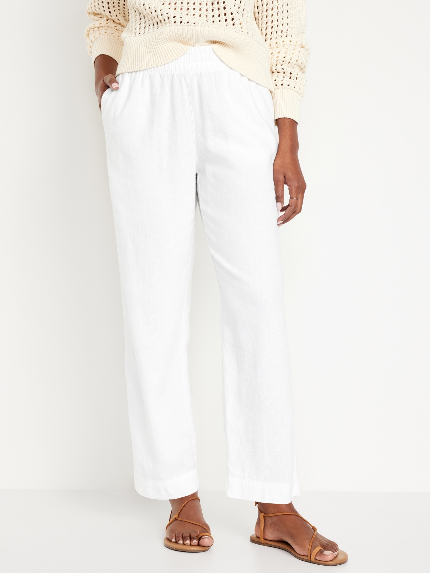 High-Waisted Linen-Blend Straight Pants Hot Deal