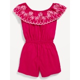 Ruffled-Trim Embroidered Romper for Toddler Girls