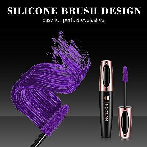  POZILAN 4D Silk Fiber Lash Mascara Waterproof Purple with Folding Eyelash Comb Brush - Lengthening, Volumizing, Long-Lasting, Natural Eye Makeup (02 Purple)