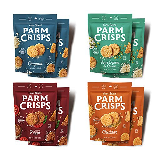  ParmCrisps 8 Count Variety Pack | 1.75oz Original Parmesan, Cheddar, Sour Cream & Onion, Pizza| Keto Gluten Free Snacks, 100% Cheese Crisps, Gluten Free, Sugar Free, Low Carb, Keto