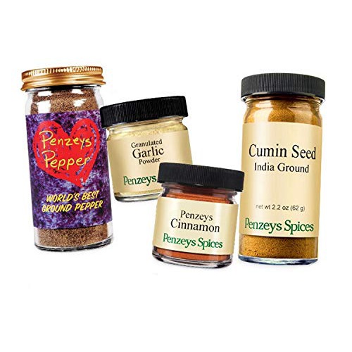  Penzeys Pepper 2.3 oz 1/2 cup jar, Granulated Garlic Powder 1.3 oz 1/4 cup jar, Cinnamon Ground .8 oz 1/4 cup jar & Cumin Ground 2.2 oz 1/2 cup jar Seasoning By Penzeys Spices. Spi