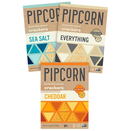  Pipcorn Heirloom Snack Crackers - Variety Pack (3 Pack of 4.25oz Boxes - Cheddar, Sea Salt, & Everything) - Non-GMO Heirloom Corn, Baked not Fried, Gluten Free, Soy Free, Egg Free