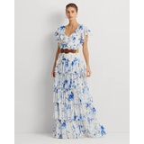 Floral Belted Georgette Tiered Gown
