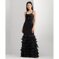 Womens Satin Tiered Ruffled Gown