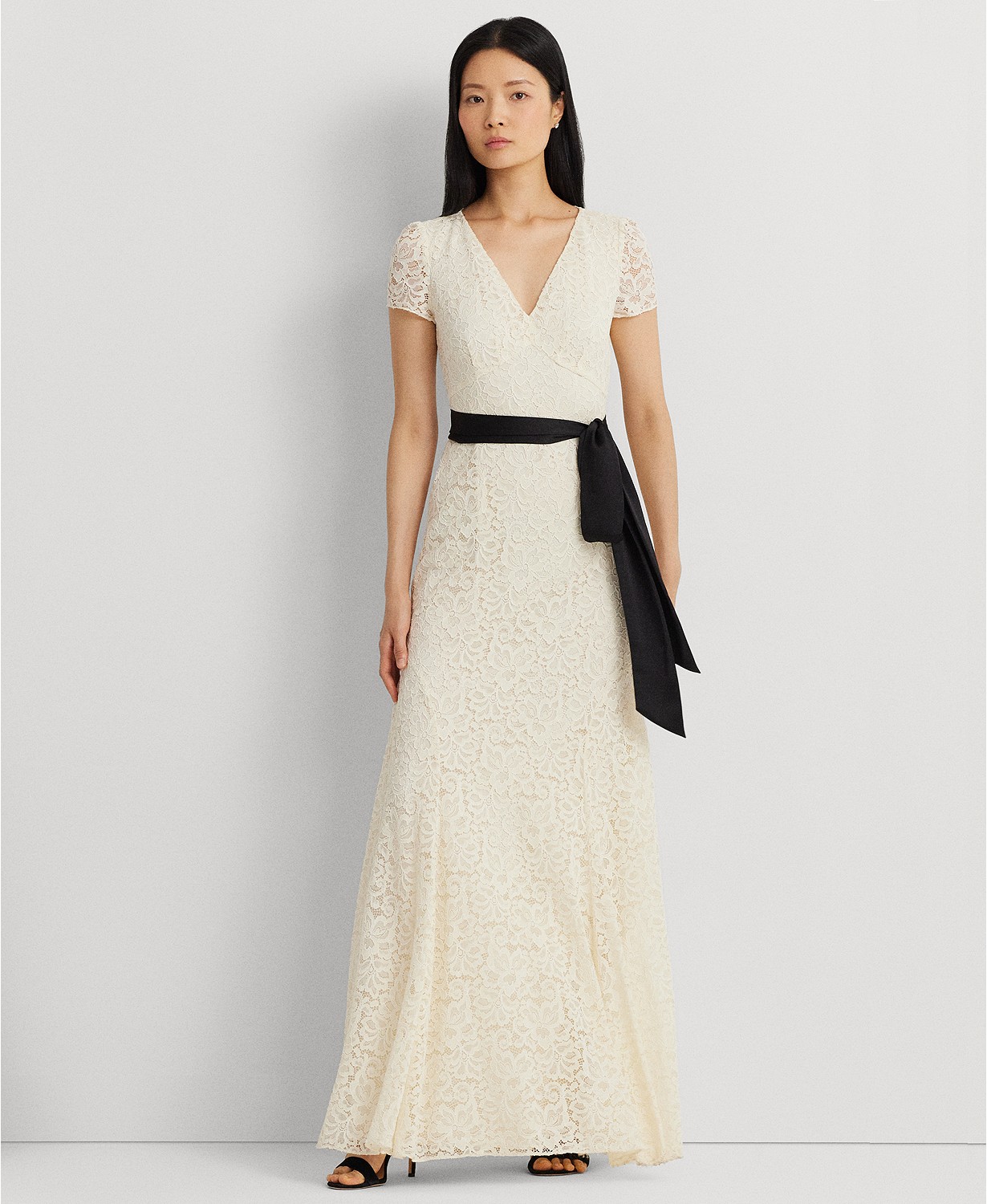 Womens Belted Lace A-Line Gown