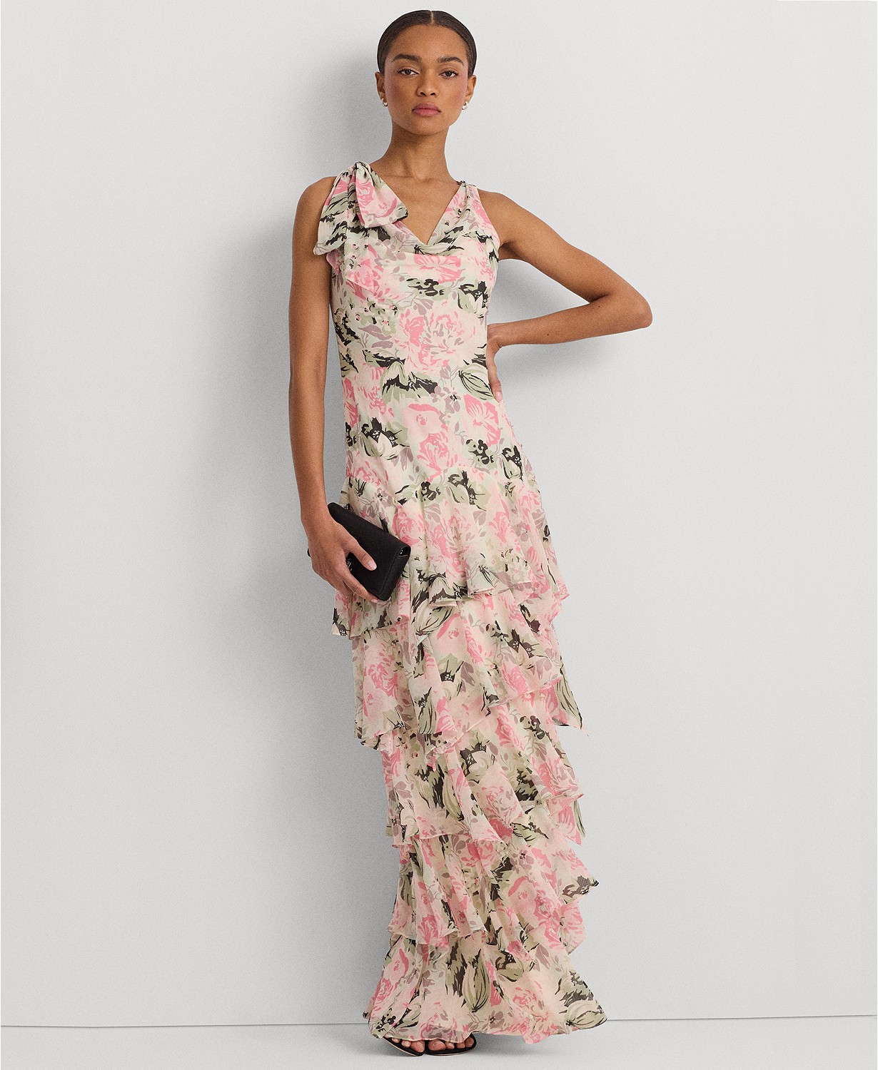 Womens Tiered Ruffled A-Line Gown