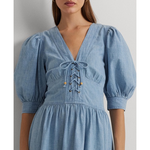폴로 랄프로렌 Womens Cotton Puff-Sleeve Chambray Dress