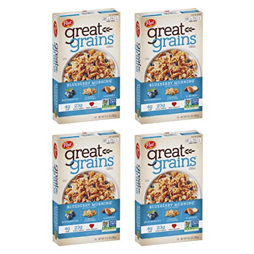  Post Great Grains Blueberry Morning Breakfast Cereal, Non GMO Project Verified, Heart Healthy, Low Fat, Whole Grain Cereal 13.5 Ounce (Pack of 4)