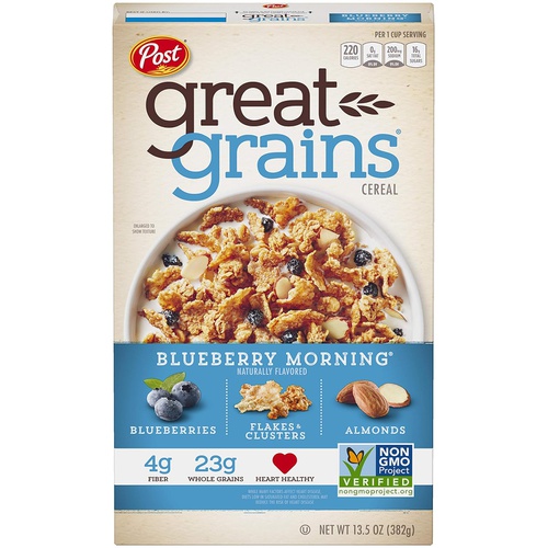  Post Great Grains Blueberry Morning Breakfast Cereal, Non GMO Project Verified, Heart Healthy, Low Fat, Whole Grain Cereal 13.5 Ounce (Pack of 4)