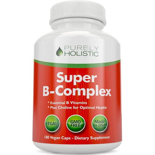  Purely Holistic Vitamin B Complex - 8 Super B Complex Vitamins with Choline & Inositol, Vitamins B1, B2, B3, B5, B6, B8, B9 & B12 - B100 Complex - 180 Vegan Capsules - 6 Month Supply - Made in The