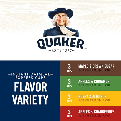  Quaker Instant Oatmeal Express Cups, 4 Flavor Variety Pack, 12 Count